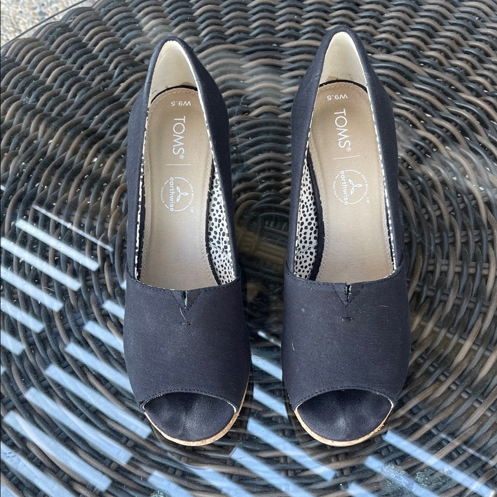 TOMS Black Peep Toe Wedges